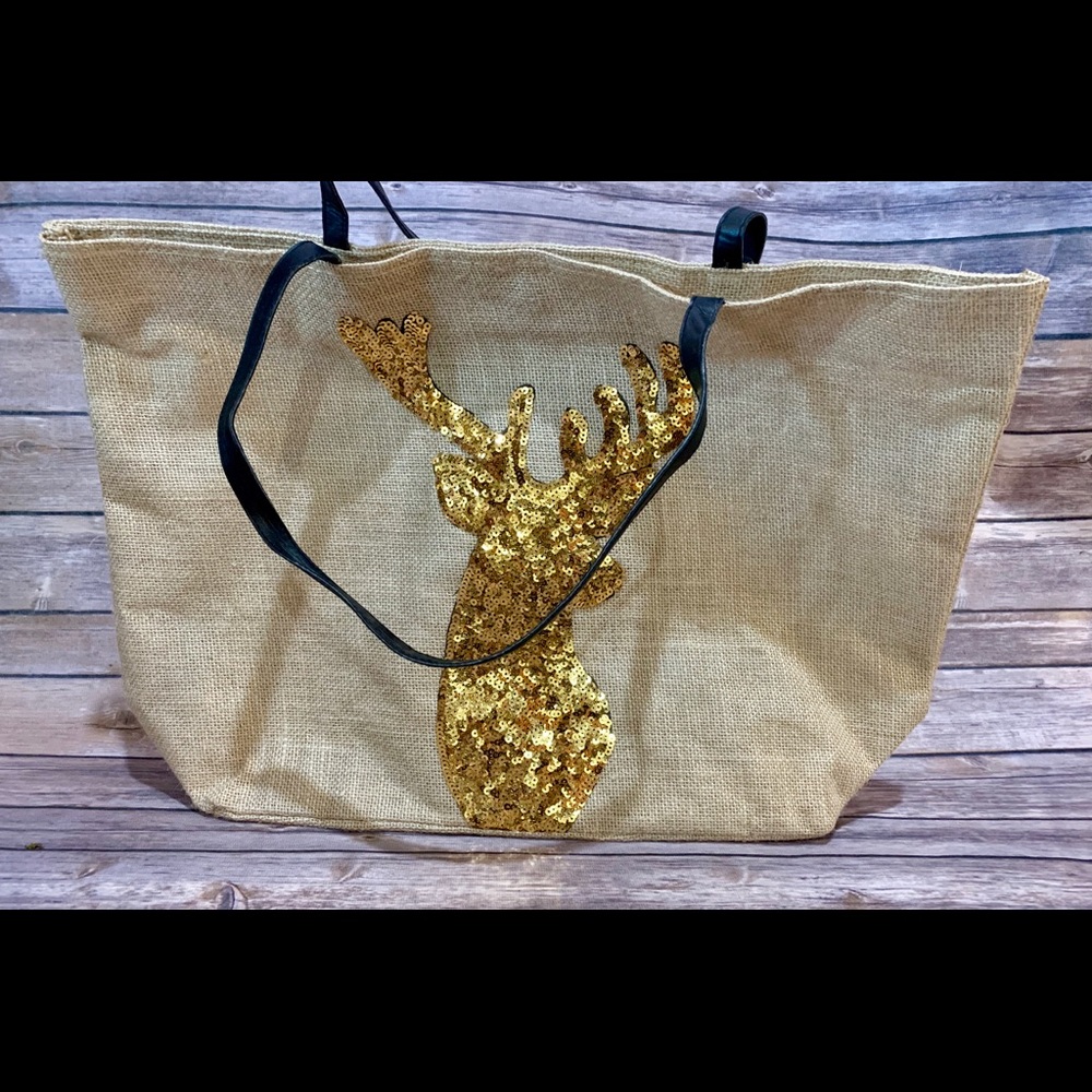 Sequins Deer & Burlap Tote Bag